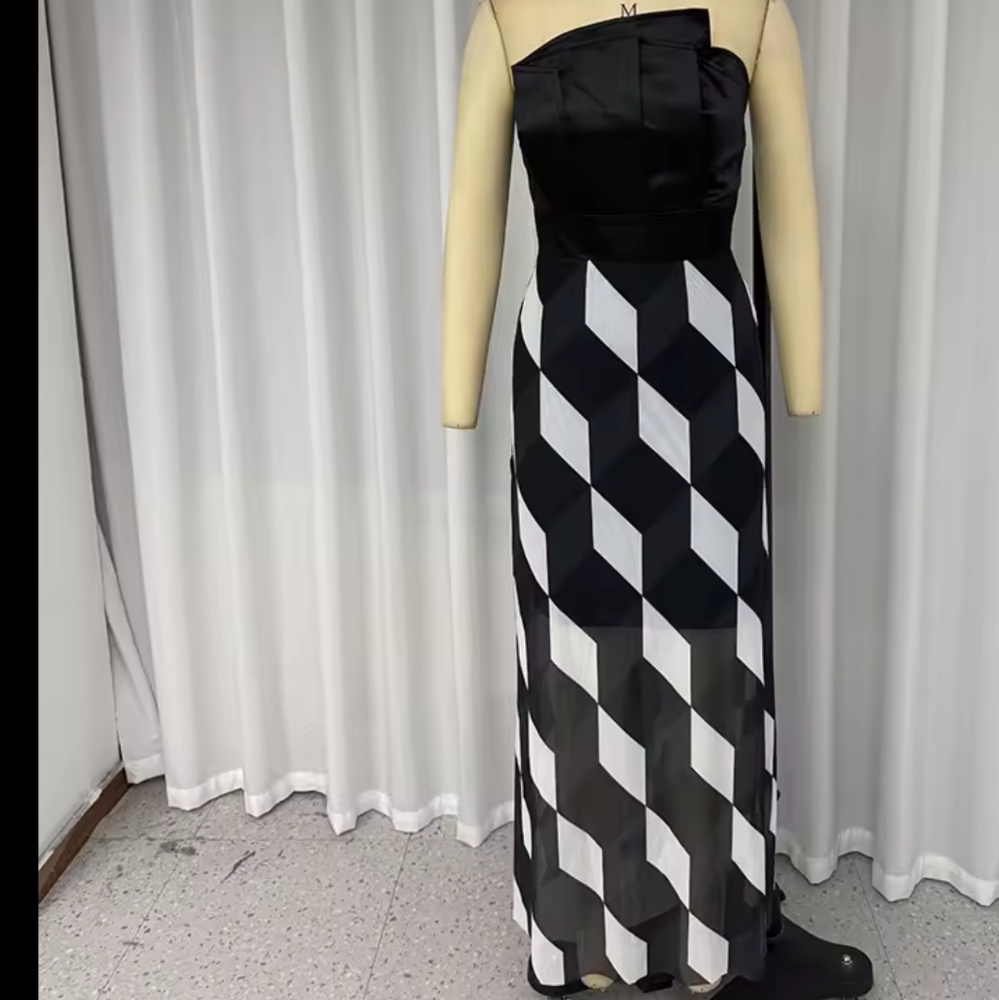 Midi Dress Women Fashion Sleeveless Tube Nipped Waist Contrast Multifaceted Prin - Picture 6 of 6